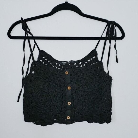 NWT ZARA black crochet festival retro boho button down crop top - Picture 2 of 8